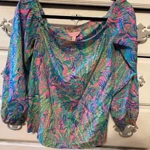 Lilly Pulitzer Pink and Blue Patterned Blouse off shoulder